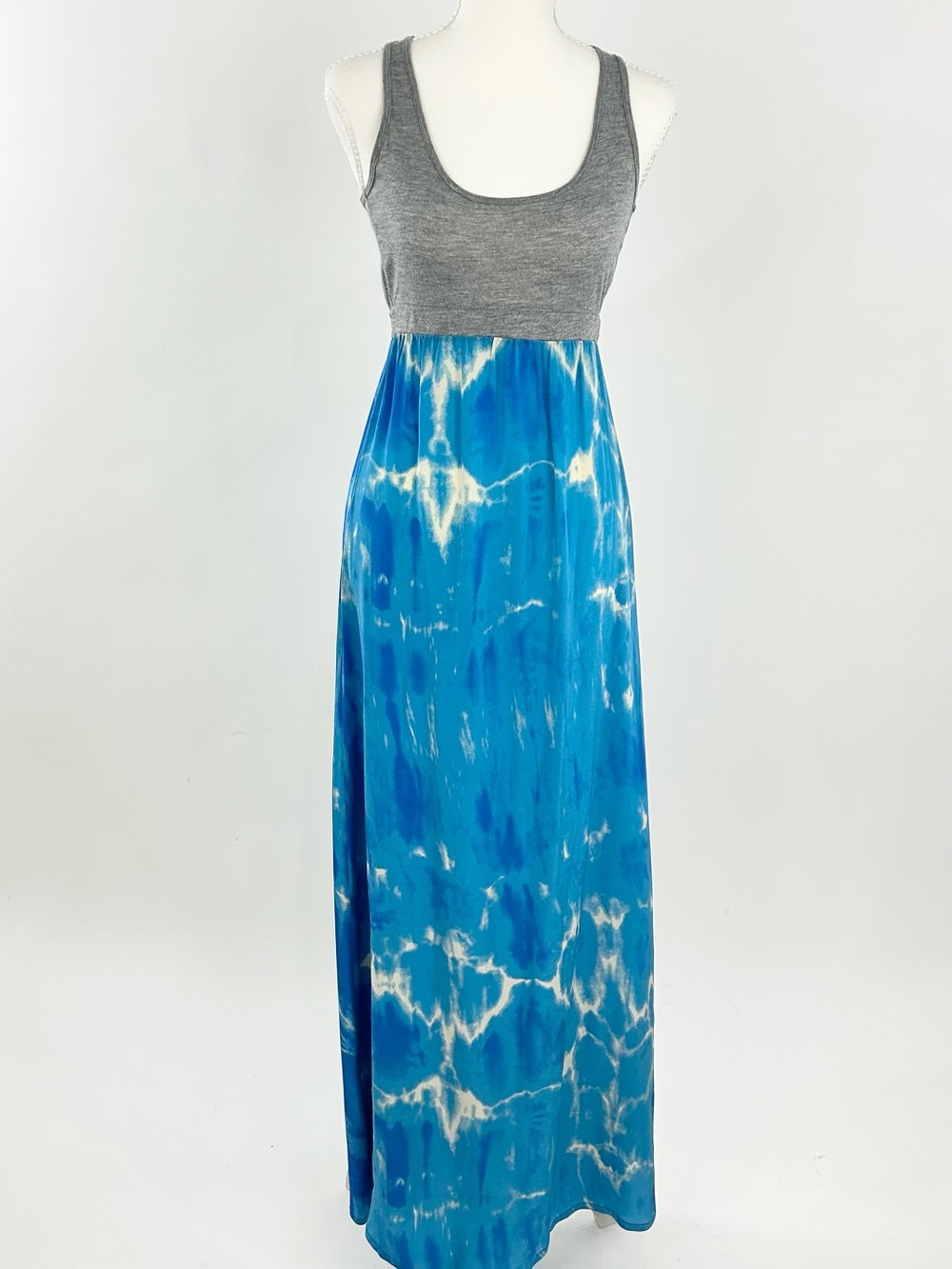 Gypsy 05 Blue Silk Tie Dye Maxi Dress XS Gray Racerback Boho Made in USA